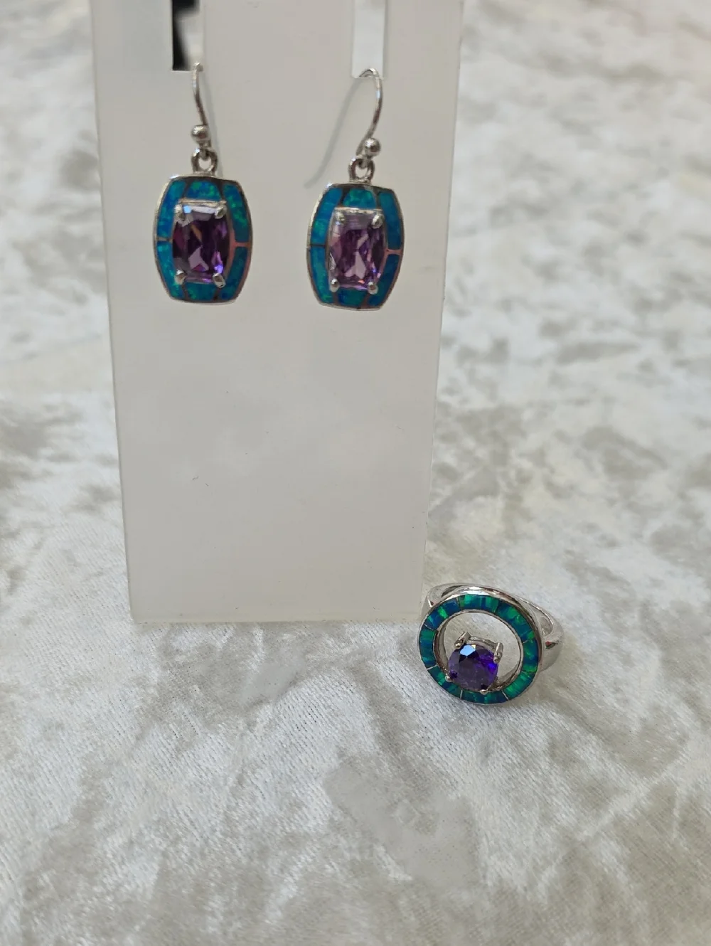 Vintage Havana Hallmark SS Purple & Turquoise Inlay Earrings & Ring Set - Picture 1 of 13